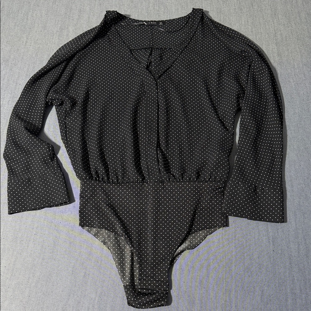 Zara Basic Black White Polka Dot Bodysuit Women XS Long Sleeve Wrap Style C-14